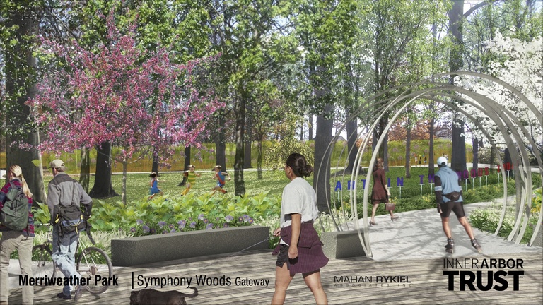 Architectural rendering of the northwest entrance of Merriweather Park in the Inner Aebor plan, including the Word Art feature
