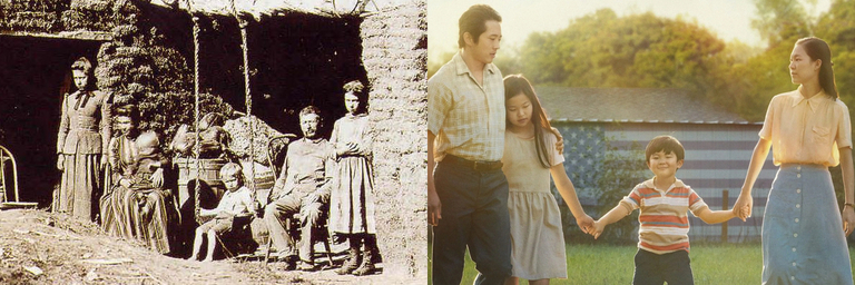 Left: In the late 19th century, a farm family on the Great Plains poses next to their sod house. Right: The Korean-American family featured in the 2020 American film Minari.