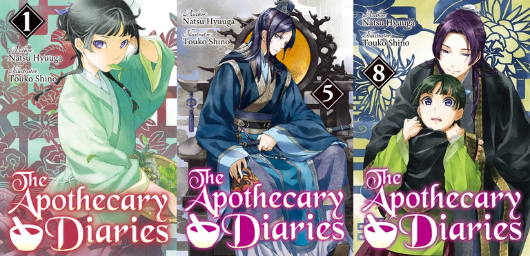 Left: The cover of volume 1 of the light novel The Apothecary Diaries, showing Maomao, a young woman with black hair with two braids, wearing a light green outfit based on traditional Chinese clothing for women. She has a leaf in her mouth. Center: The cover of volume 5 of The Apothecary Diaries LN, showing Jinshi, a young man with black hair tied in a topknot, wearing in a dark blue outfit based on traditional Chinese clothing for men. He is sitting in an elaborately-carved chair. Right: The cover of volume 8 of The Apothecary Diaries LN, showing Jinshi and Maomao. Maomao has her back against Jinshi’s chest, and Jinshi has his right arm around Maomao’s neck, apparently putting her in a chokehold. Maomao is grabbing Jinshi’s right arm with both her hands. She has a surprised expression on her face, while Jinshi’s face has a hint of a smile.