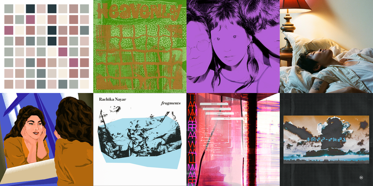 Top, left to right: Album covers for “as we observed the drifting whitecaps,” “Heavenly vs Satan,” “TRPP,” and “Kaitlin.” Bottom, left to right, album covers for “Sabrina’s Hits #1,” “fragments (expanded),” “Too Many Hours,” and “Telex from MIDI City (Data111).”