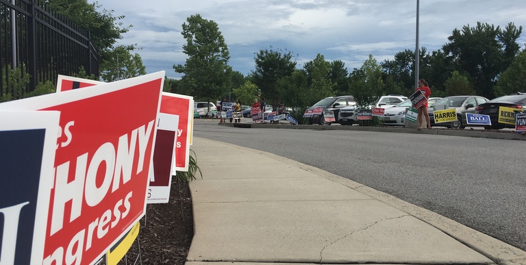 2018 campaign signs at the Miller Branch library