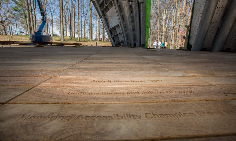 The Chrysalis stage floor as installed, with engraved wooden tiles. (Click for a higher-resolution version.)  Image © 2017 Howard County, Maryland.