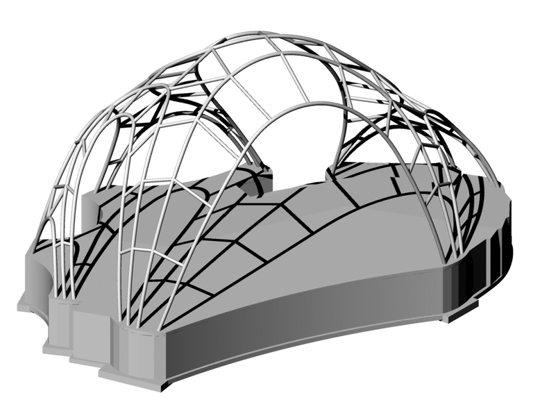 Rendering of the steel frame underlying the Chrysalis skin, and the structural concrete subfloor to which the frame is attached. (Click for a higher-resolution version.)  Image © 2015 Arup.