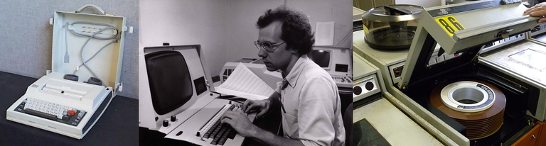 Left: a combined keyboard, thermal printer, and acoustic modem. Center: A young man with longish hair sitting in front of an old desktop computer workstation. Right: A removable disk pack.