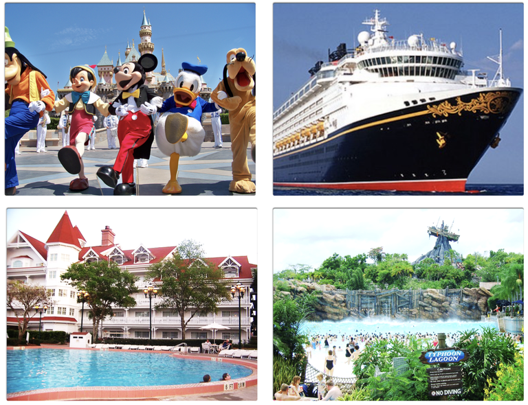 A sampling of attractions operated by Walt Disney Parks and Resorts, including theme parks, cruise ships, and resort hotels. (Click for a higher-resolution version.)  Images © Walt Disney Co.