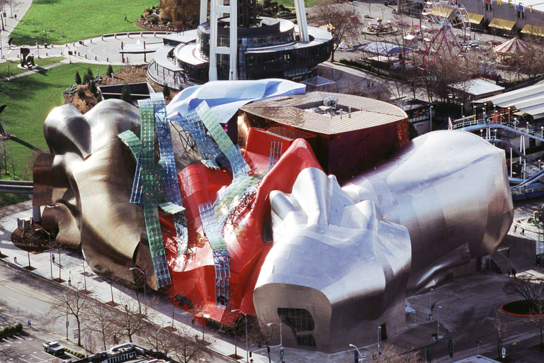 Aerial view of the Museum of Pop Culture, formerly the Experience Music Project Museum, in Seattle, Washington. (Click for a higher-resolution version.) Image © 2008 EMPISFM; used under the terms of the Creative Commons Attribution-Share Alike 3.0 Unported license.