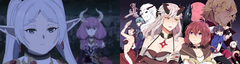 Left: A scene from the anime “Frieren: Beyond Journey’s End”. The elf Frieren turns away from the demon Aura after their final conversation. Frieren has a neutral expression on her face, with the barest hint of a smile. Aura appears to have a somewhat shocked expression. Right: Promotional art for the webtoon “Mage and Demon Queen”, showing the main characters, the demon queen Velverosa and the human adventurer Malori, along with their demon and human friends and associates. 