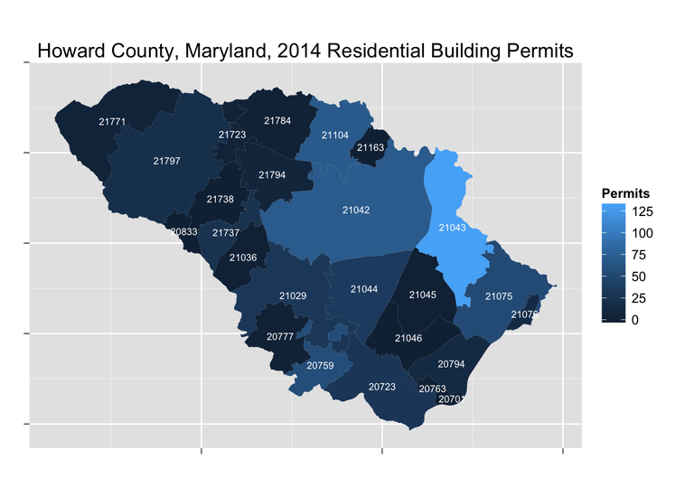 Howard County map showing residential building permits per zip code