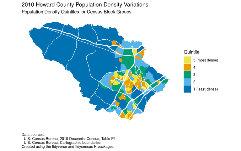 Map of Howard County population density quintiles based on 2010 census