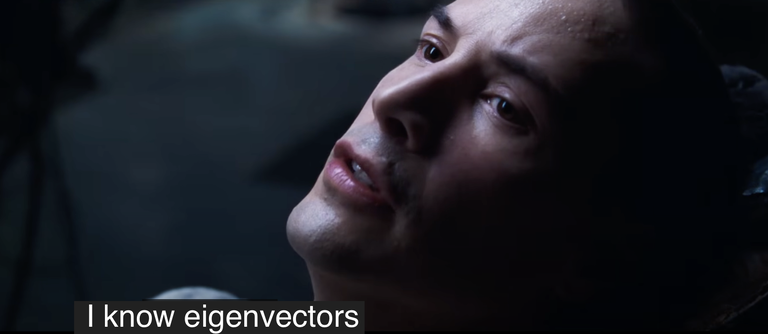 A screenshot from the movie The Matrix, as Neo awakes from having knowledge uploaded into his brain. In this image he says “I know eigenvectors.”