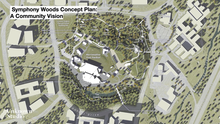 The revised concept plan for Merriweather Park at Symphony Woods, showing the proposed bridges into the park for improved access from the northeast, east, and south, the proposed expanded pathway system, and proposed new structures.  (Click for a higher resolution version.)  Image © 2020 Inner Arbor Trust; used with permission.