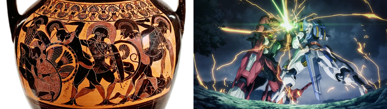 Left: Warriors fight in the Trojan War, in an illustration on an ancient Greek vase. Right: Mecha pilot Suletta Mercury battles Guel Jeturk in the anime series Mobile Suit Gundam: The Witch from Mercury.