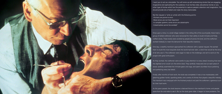 A photograph of Laurence Olivier’s character torturing Dustin Hoffman’s character in the film Marathon Man is juxtaposed with a ChatGPT session in which a human asks ChatGPT to write a story.