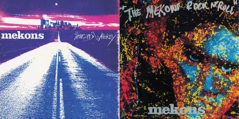 Left: The front cover of the 1985 Mekons album “Fear and Whiskey”. It shows a road heading off to the horizon, on which appears a city with buildings in the process of crashing down. The front cover of the 1989 Mekons album “The Mekons Rock ’n Roll”. It features a photograph of Elvis Presley in a double exposure with an abstract painting.