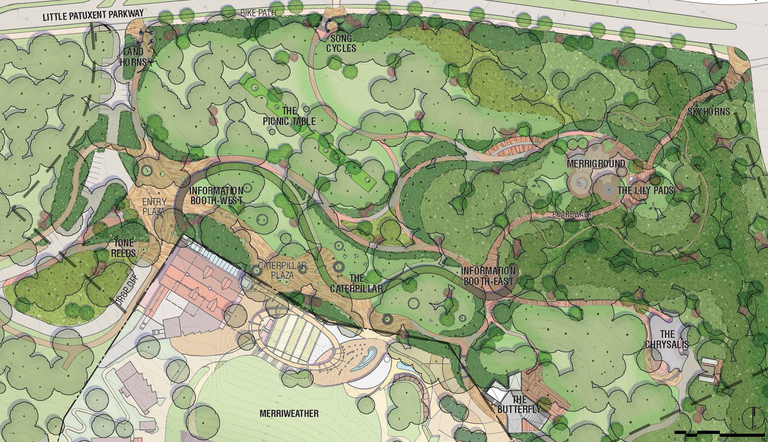 Site plan for the northern portion of Merriweather Park at Symphony Woods, with major park features labelled. (Click for a higher-resolution version.)  Image © 2014 Inner Arbor Trust; used with permission.