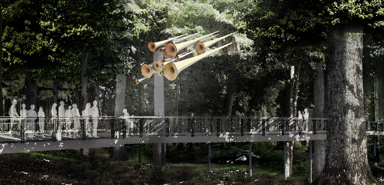 Rendering of the Sky Horns at the northeast entrance to Merriweather Park at Symphony Woods (at the corner of Little Patuxent Parkway and the South Entrance Road). (Click for a higher-resolution version.)  This rendering also shows a portion of the boardwalk by which visitors can reach the Merriground, the Chrysalis, and the rest of the park.  Image © 2014 Inner Arbor Trust; used with permission.