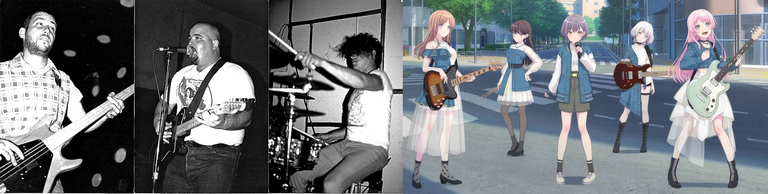 Left: Two black and white photographs of three young men playing bass guitar, lead guitar, and drums. Right: a film still of CGI-generated images of five young girls drawn in a typical anime style, three of them holding guitars.