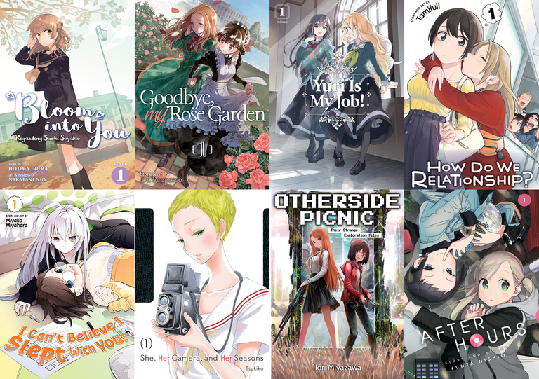 Top row, left to right: Bloom Into You: Regarding Saeki Sayaka; Goodbye, My Rose Garden; Yuri Is My Job!; and How Do We Relationship? Bottom row, left to right: I Can’t Believe I Slept with You!; She, Her Camera, and Her Seasons; Otherside Picnic; and After Hours.