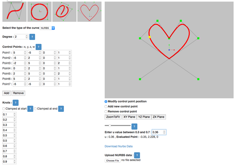 An example of a NURBS curve of order 3 (degree 2), with seven control points (in green, with values at the upper left) and ten knot values (at the lower left). (Click for a higher-resolution version.) Point3 and Point5 have twice the weight of the other points (see the w values in the list of control points), so that the curve passes more closely to them. Also, the value 0.5 is repeated twice in the list of knots, so that the curve has a kink at Point4. The curve is thus a true example of a non-uniform rational b-spline: non-uniform because the knots are not all evenly spaced, and rational because the control points’ weights are not all one. Screenshot taken from the NURBS-Calculator interactive demo, © 2016 pawangami@gmail.com.