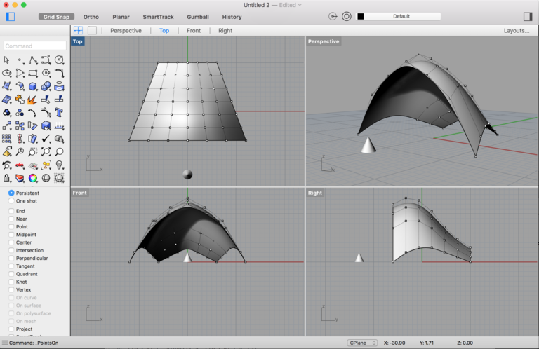 An example of using the Rhino modeling software to create a NURBS surface from four edges, each of which is a NURBS curve of order 4 with seven control points (shown) and nine knots. (Strictly speaking there should be eleven knots, but Rhino uses an optimization technique that eliminates two superfluous knots.) (Click for a higher-resolution version.) The geometry was created by less than 50 lines of code in the Python programming language. Rhino 5 for Mac software © 2016 Robert McNeel & Associates. Python script © 2016 Frank Hecker; published under the terms of the MIT open source license.