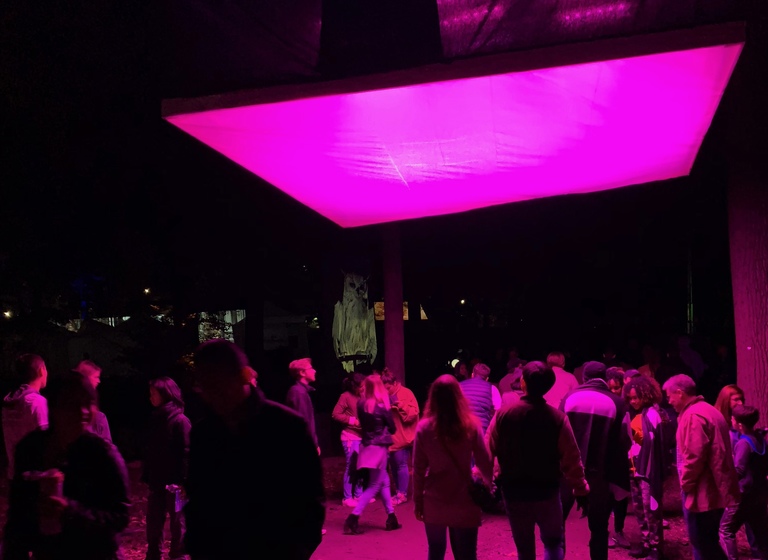 Maren Hassinger’s “Pink Light” marked the entrance to the OPUS Merriweather art exhibits in Merriweather Park at Symphony Woods. (Click for higher-resolution version.)