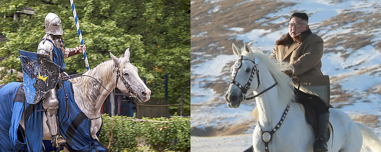 A photograph of a knight on a horse juxtaposted with a photograph of Kim Jong-Un on a horse.