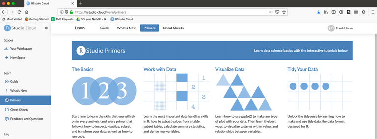 Screenshot of RStudio Cloud, showing the available tutorials