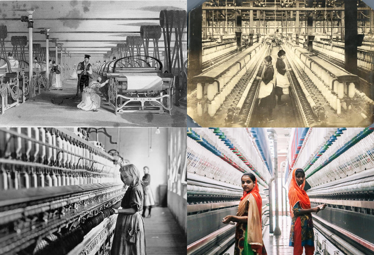 Four images of young female textile workers