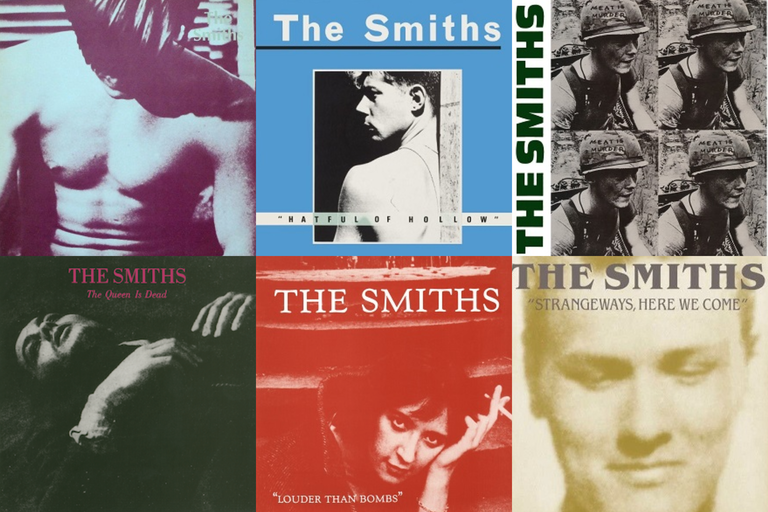 Smiths album covers. Top, left to right: The Smiths, Hatful of Hollow, Meat Is Murder. Bottom, left to right: The Queen Is Dead, Louder Than Bombs, Strangeways, Here We Come.